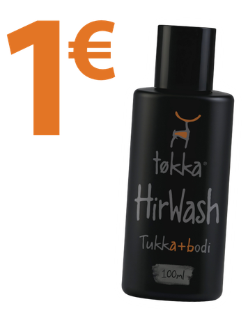 Black Tokka Hirwash bottle, 100ml, with an orange price tag of 1 euro on white background.