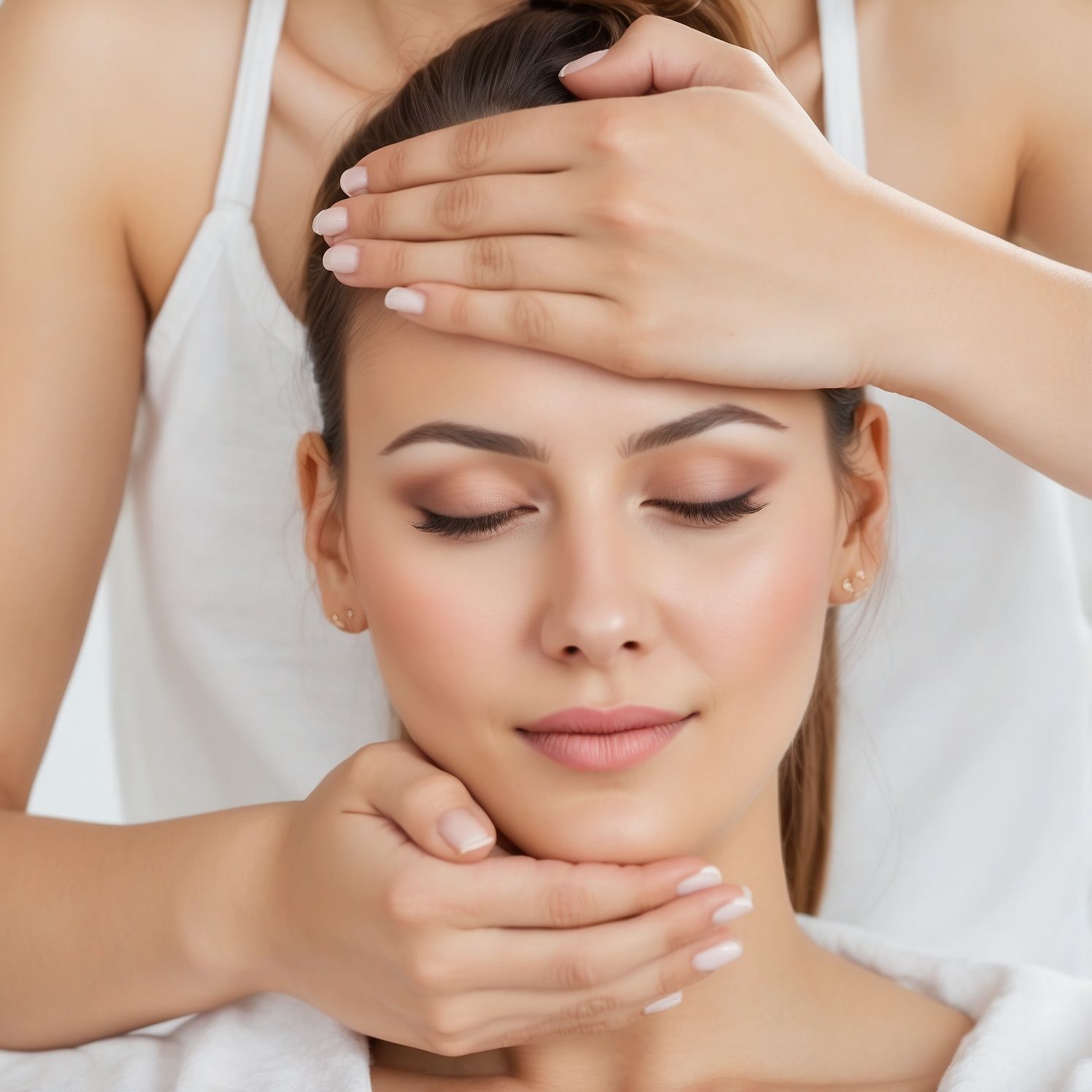 A woman is getting a facial massage at a spa.