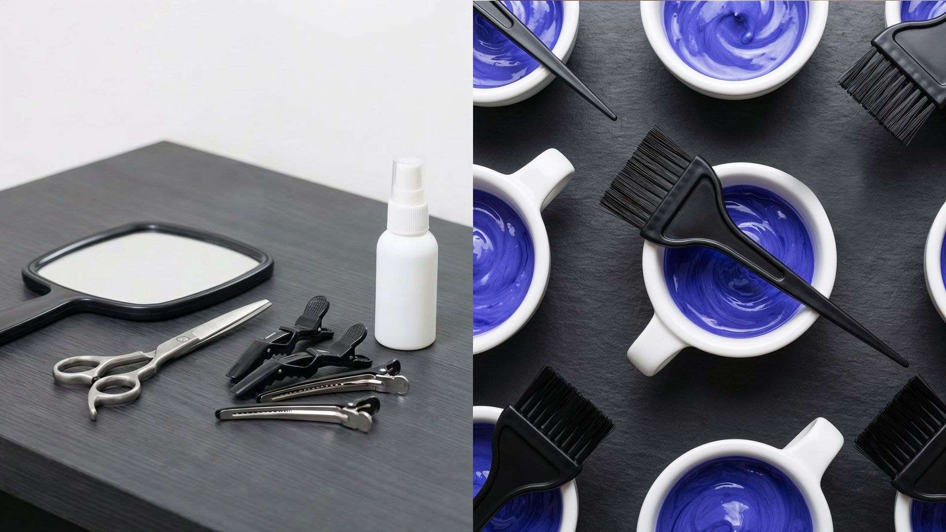 Hair styling tools on a table and bowls of purple hair dye with brushes on a black surface.