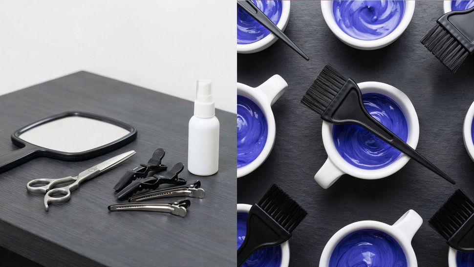 Hair styling tools on a table and bowls of purple hair dye with brushes on a black surface.