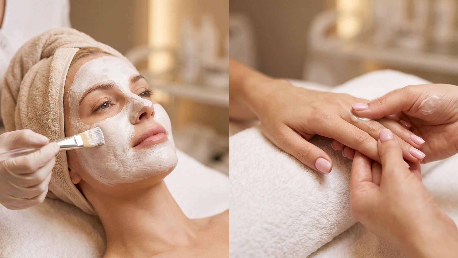 Woman with facial mask, receiving spa treatments, face and hand massage.