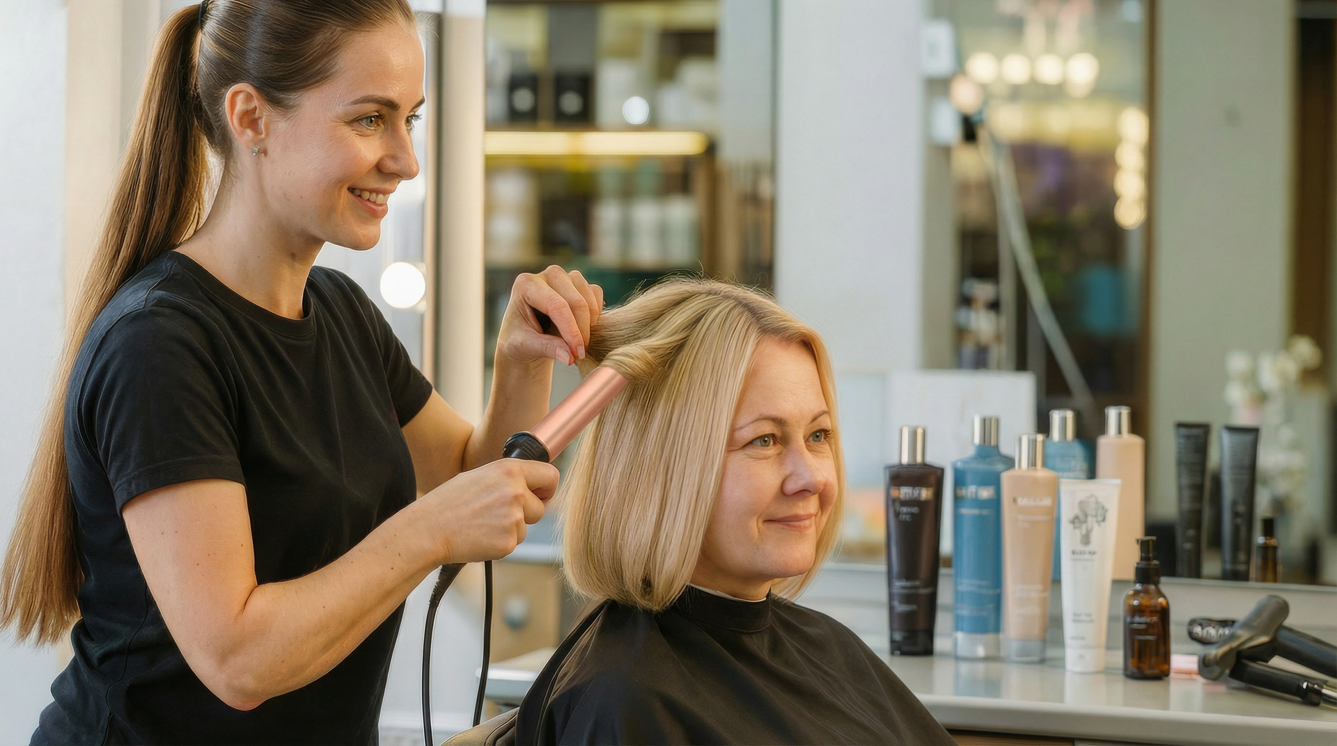 Hairdresser curling a woman's blonde hair with a curling iron in a salon. The woman smiles.
