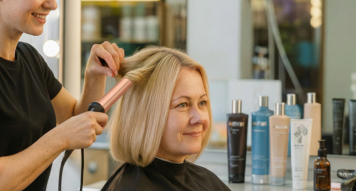 Kampaaja kihartaa asiakkaan hiuksia.