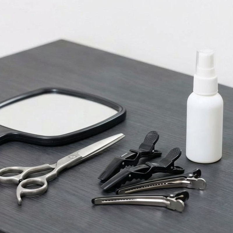 Mirror, scissors, and hair clips on a table.