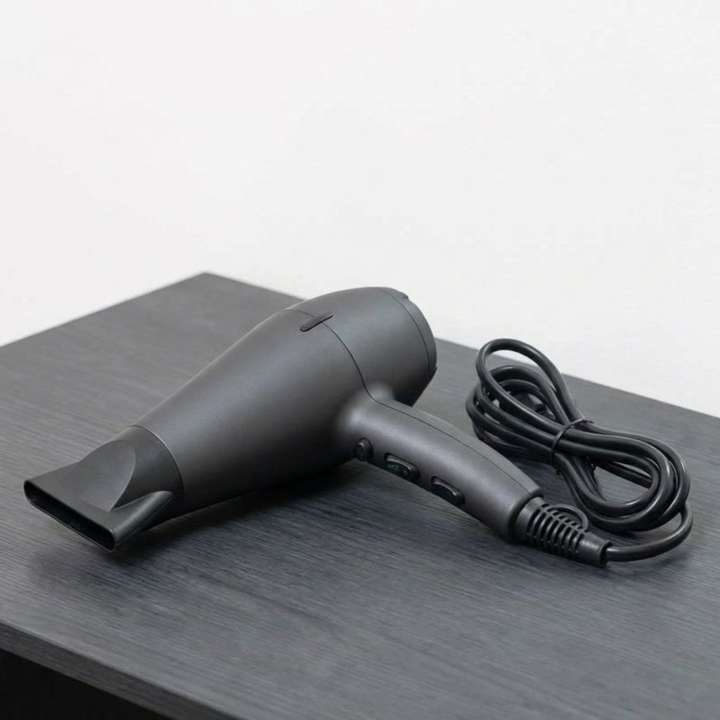 Black hairdryer on a dark wooden surface with a coiled cord against a white wall.
