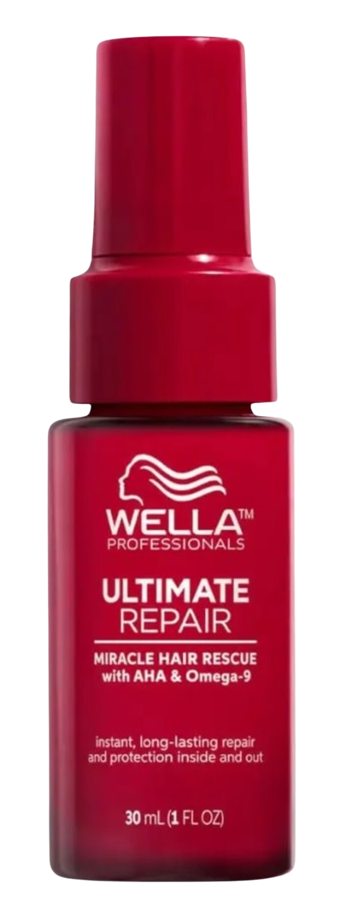 A red bottle of Wella Professionals Ultimate Repair Miracle Hair Rescue treatment, 30ml size.