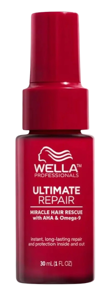 A red bottle of Wella Professionals Ultimate Repair Miracle Hair Rescue treatment, 30ml size.