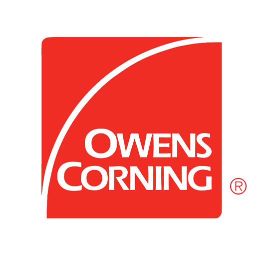 The Owens Corning company logo, featuring white text on a solid red square with a white swoosh arc in the top left.