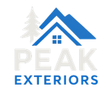 Logo for Peak Exteriors featuring a blue roof icon next to a light gray pine tree above the text in blue and gray.