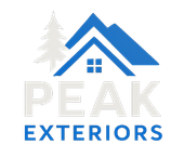 Logo for Peak Exteriors featuring a blue roof icon next to a light gray pine tree above the text in blue and gray.