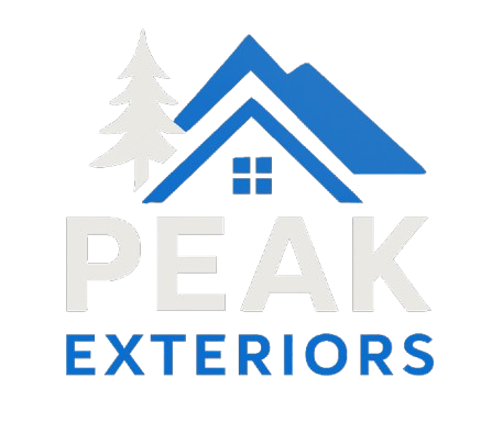 Logo for Peak Exteriors featuring a blue roof icon next to a light gray pine tree above the text in blue and gray.