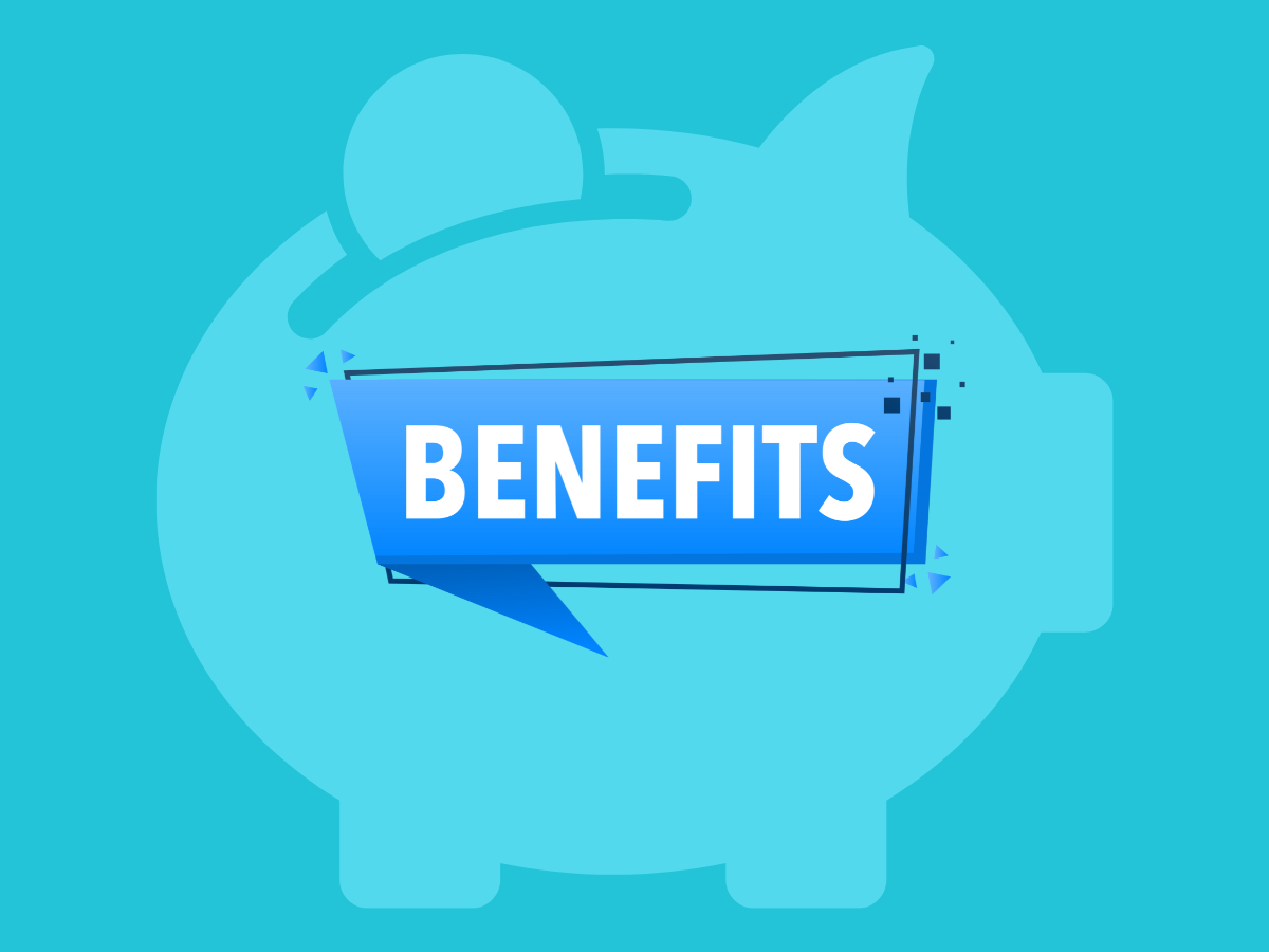 a piggy bank with a blue speech bubble that says benefits 
