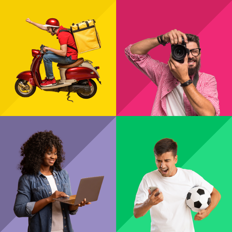 a man is riding a scooter while a woman is using a laptop and a man is taking a picture