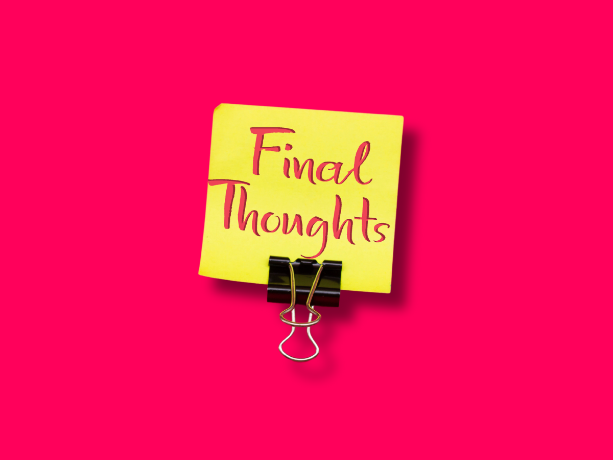 a yellow sticky note with the words final thoughts  written on it is attached to a paper clip