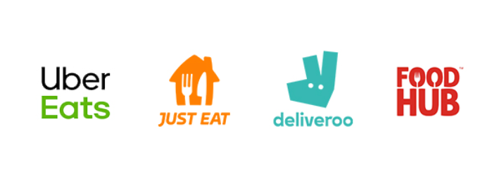 Image of logos of major UK food delivery apps such as Uber Eats and Just Eat