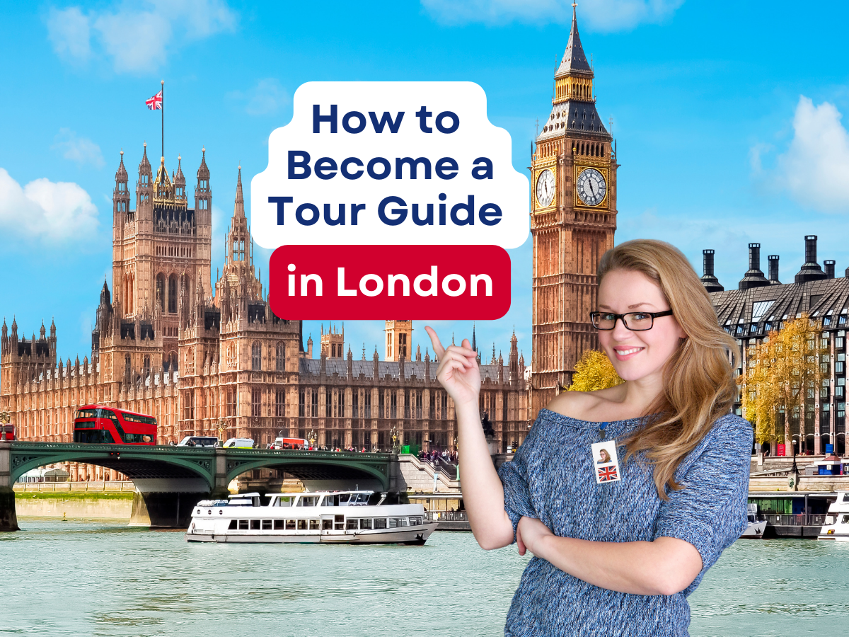 a woman is standing in front of a sign that says how to become a tour guide in london