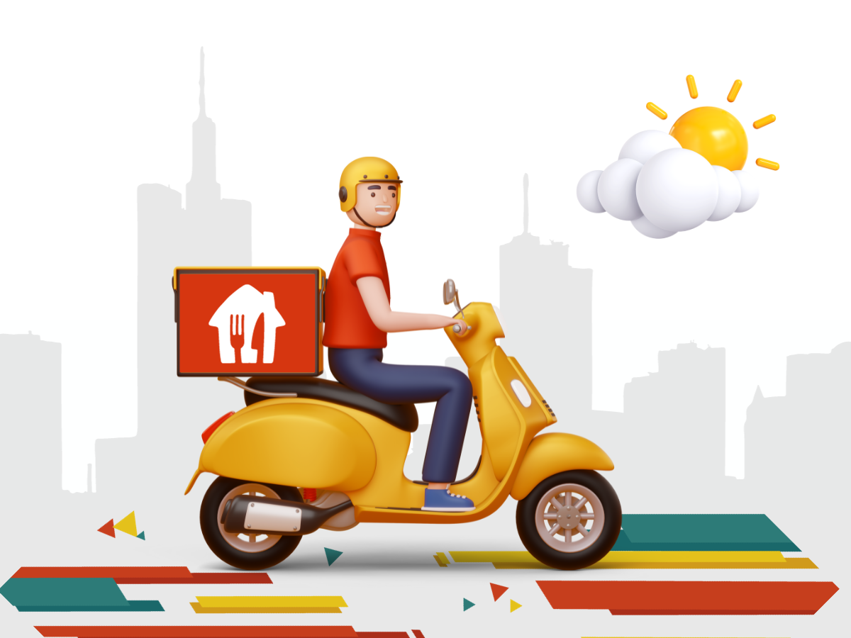 Image of a cartoon delivery driver on a moped