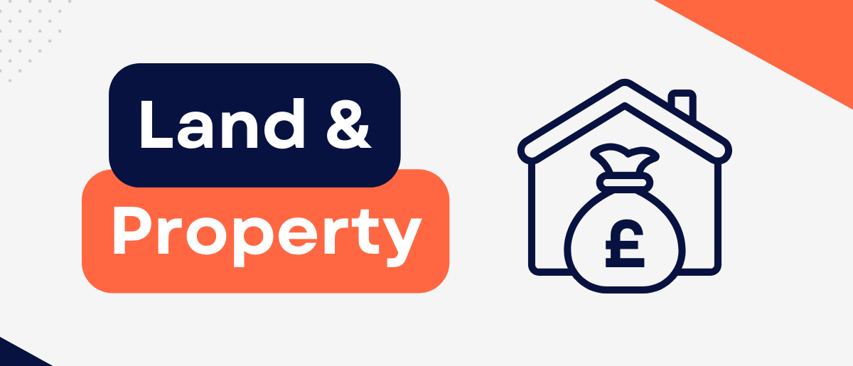 a logo for land and property with a house and a bag of money 
