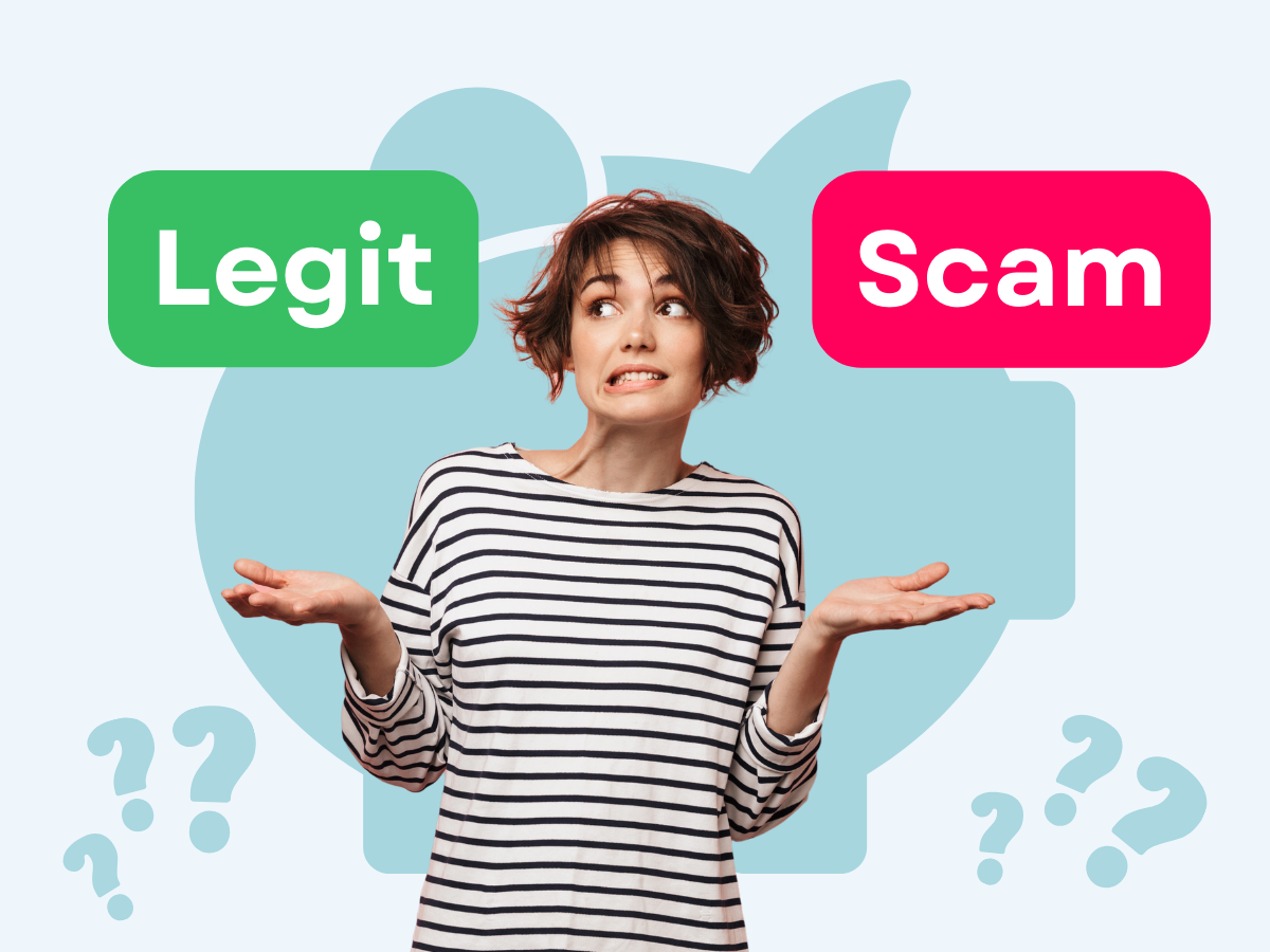 a woman is standing in front of a piggy bank with a sign that says legit and scam