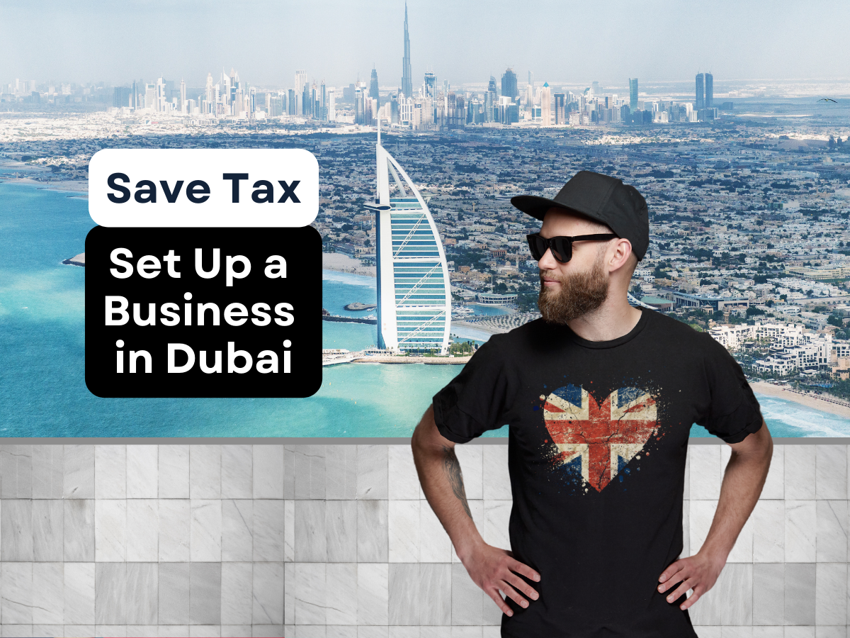 a man wearing a british flag t-shirt is standing in front of Dubai skyline 