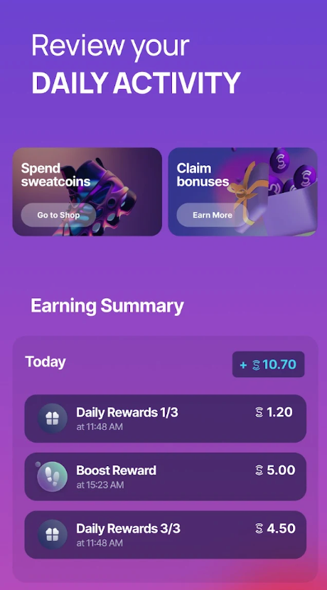 screenshot of sweatcoin app screen