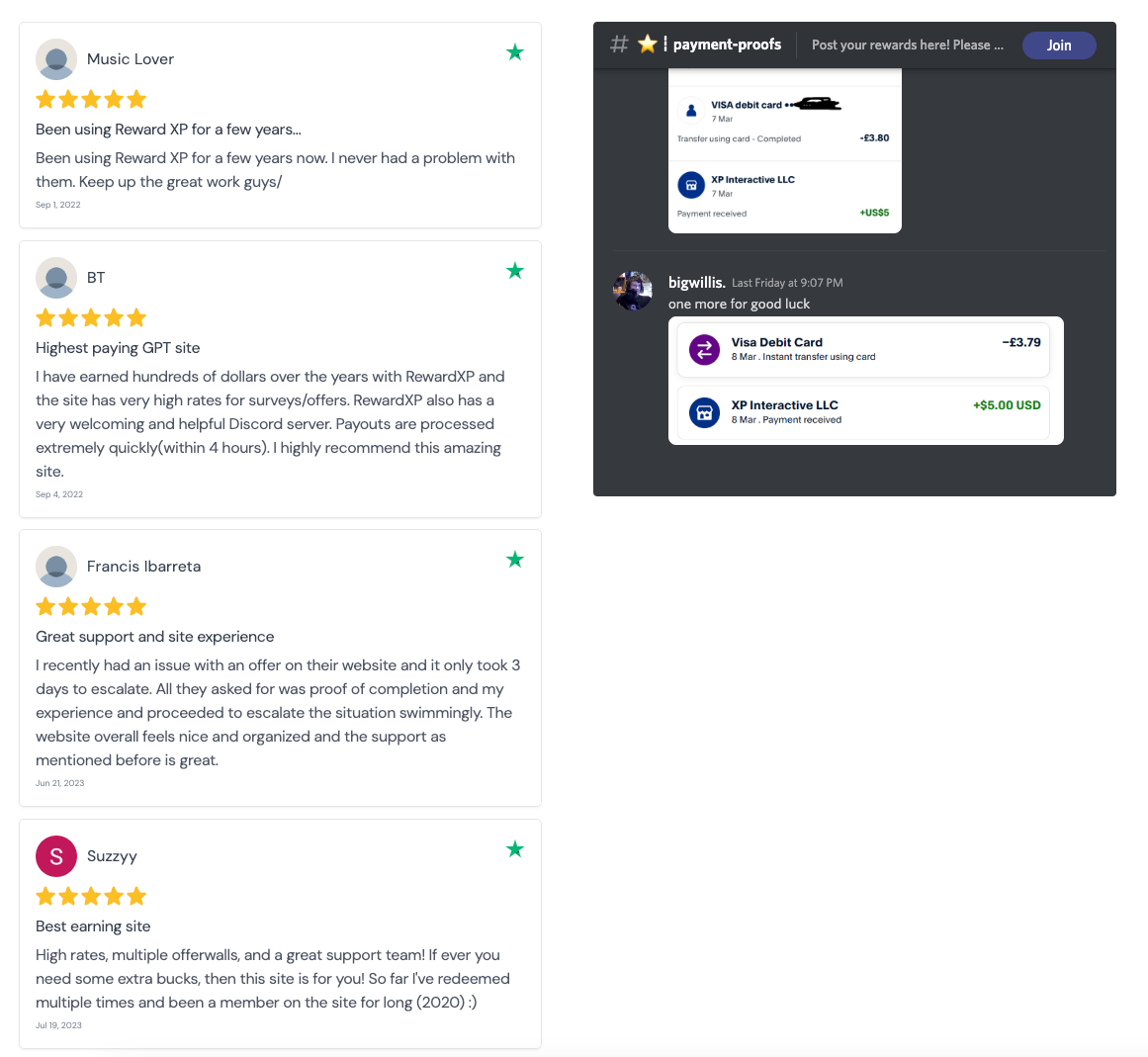 image of reviews on reward xp wesbite