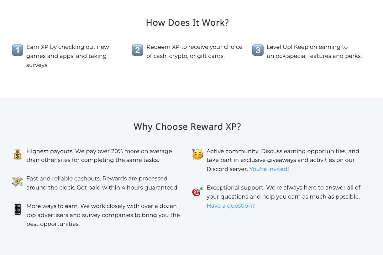 screenshot of reward xp website
