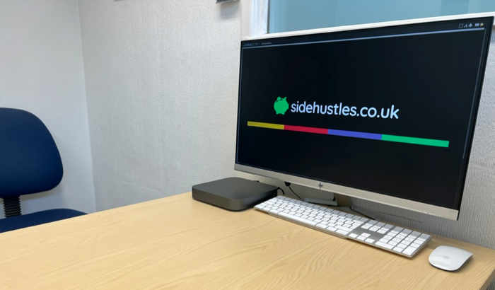 a computer monitor with the website sidehustle.co.uk on it