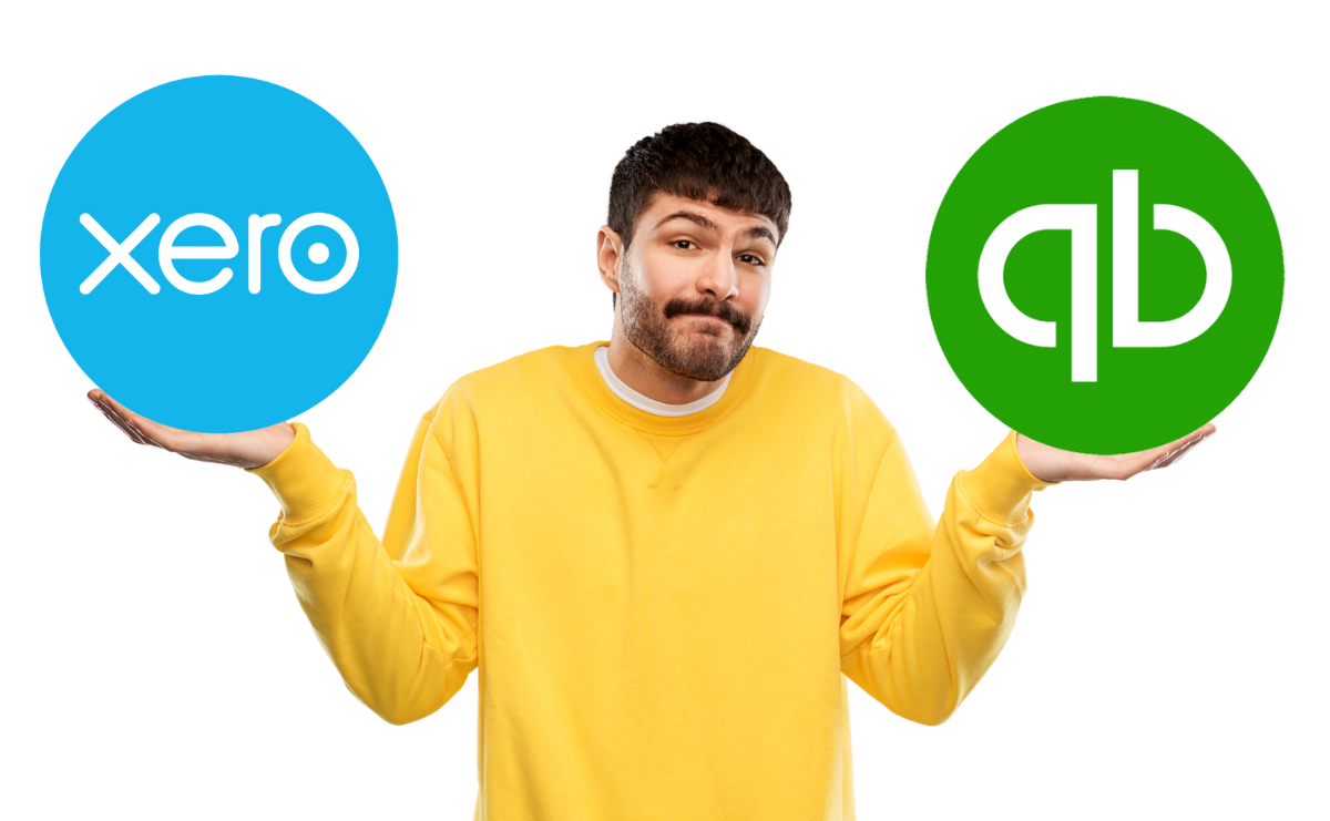 Image of a man holding Xero and QuickBooks Logos