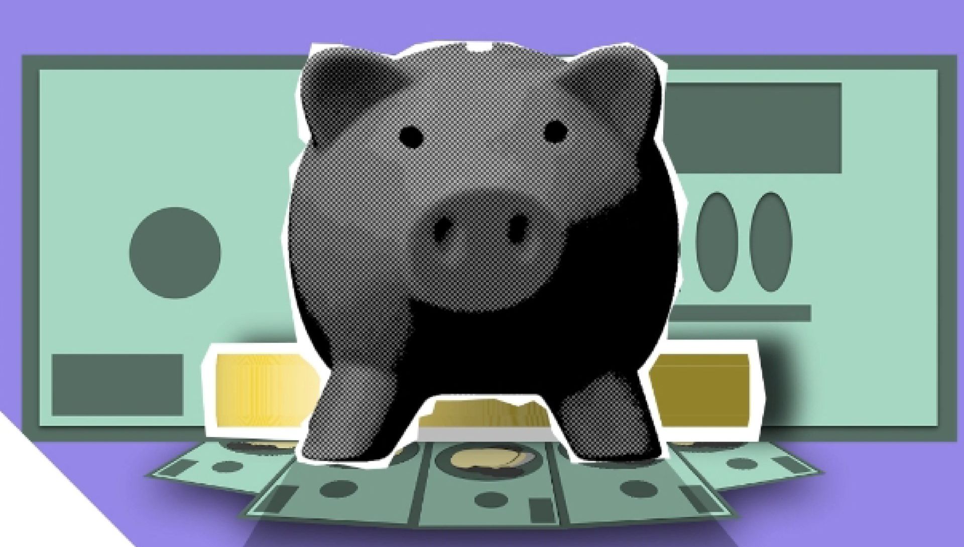 a piggy bank is sitting on top of a pile of money 