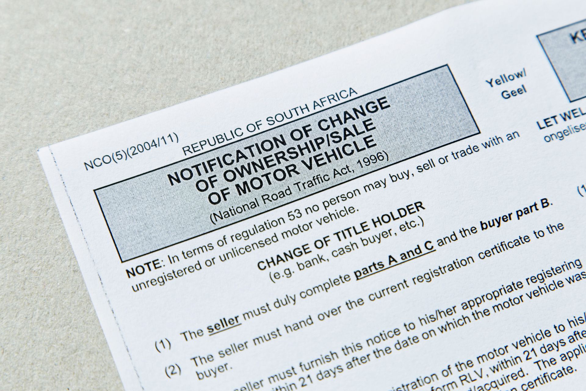 Close-up of a South African notification form for a change of ownership/sale of a motor vehicle.