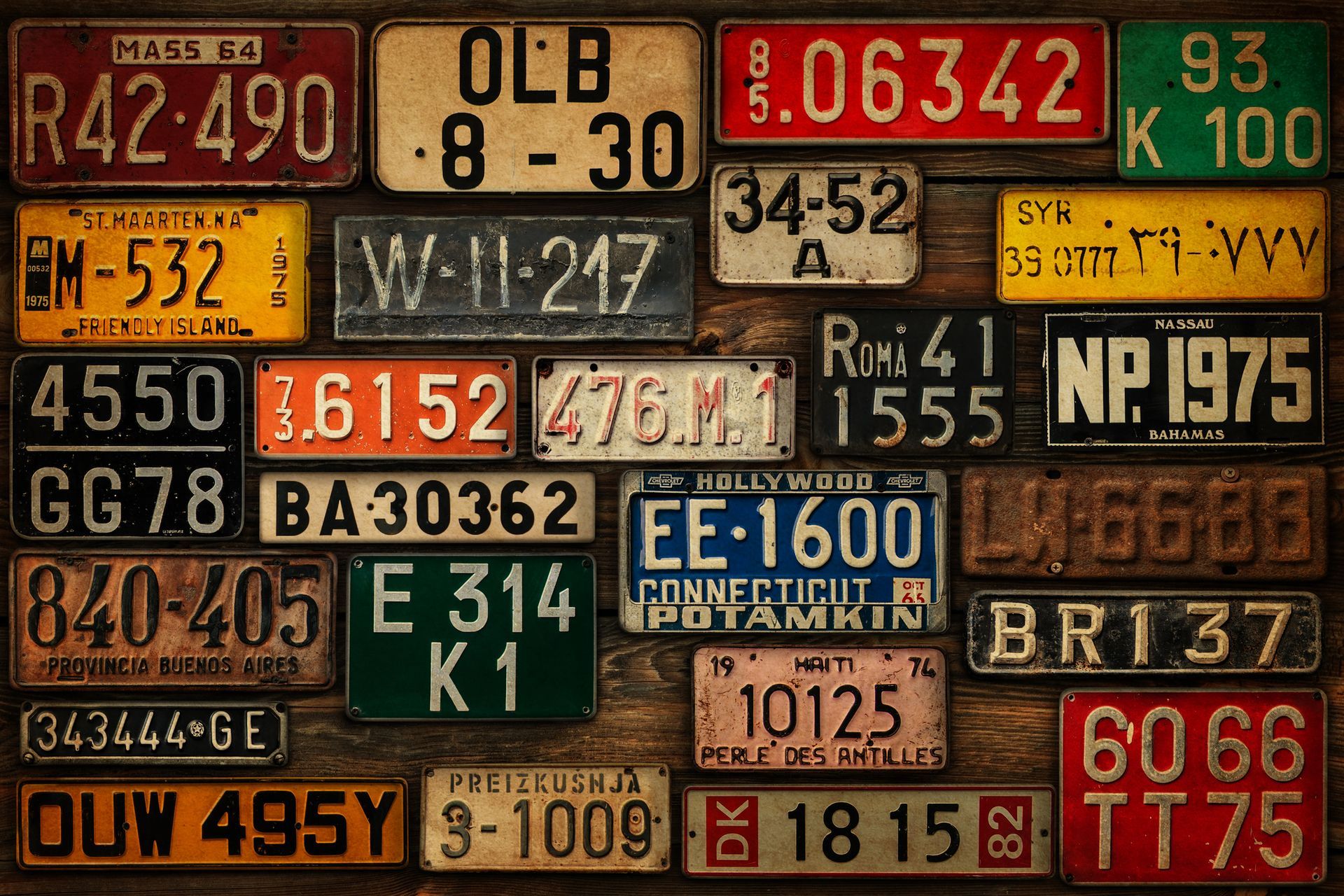 Collection of weathered vintage license plates arranged on a wooden surface.