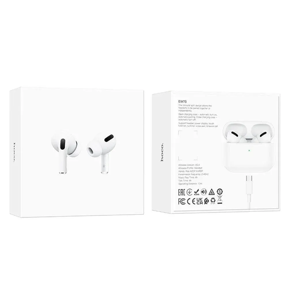 Caja blanca, vistas frontal y posterior, de los AirPods Pro. Se ven los AirPods y el estuche de carga.