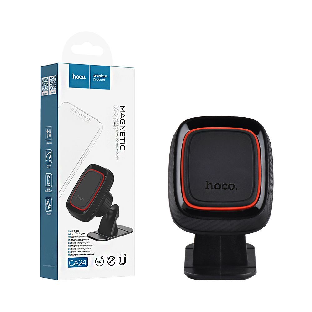 Soporte magnético para teléfono para automóvil, color negro, con borde rojo, junto a su caja de venta minorista.