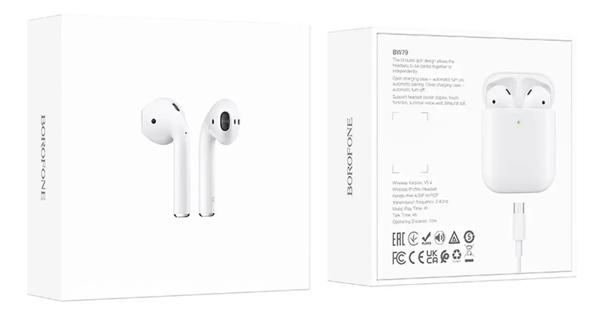 Caja blanca que muestra los auriculares inalámbricos, la caja a la izquierda, el estuche a la derecha.