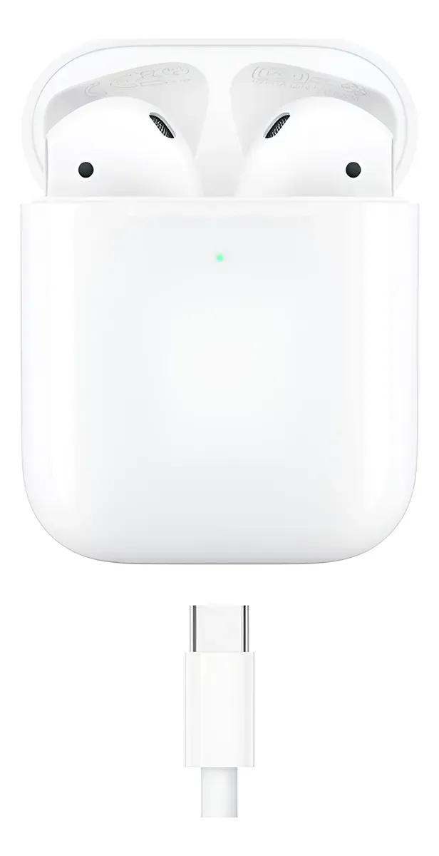 Caja blanca que muestra los auriculares inalámbricos, la caja a la izquierda, el estuche a la derecha.