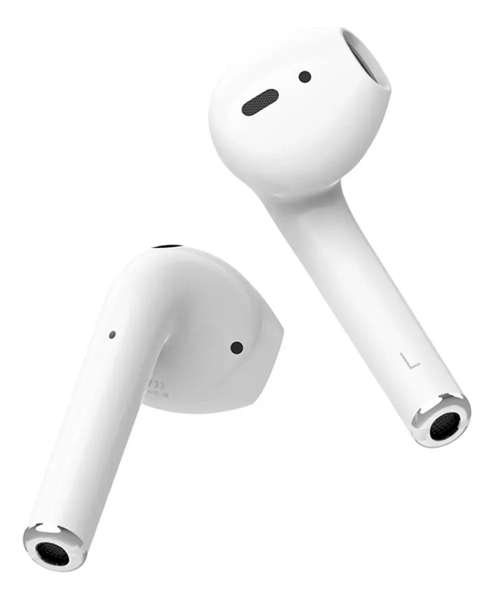 Auriculares inalámbricos de color blanco; uno ligeramente inclinado hacia el otro.