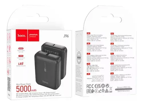 Banco de energía Hoco negro en embalaje, el frente muestra el dispositivo y la parte posterior detalla las especificaciones.