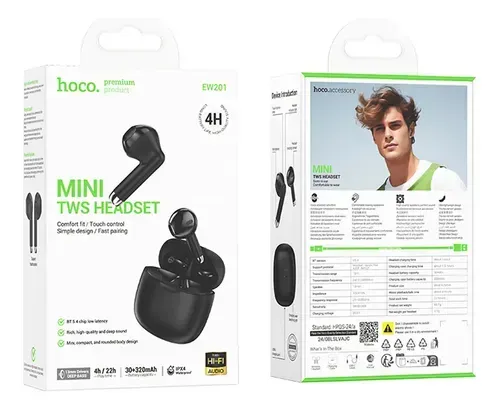 Auriculares negros en su empaque, vistas frontal y posterior. Características del modelo con los auriculares y especificaciones del producto.