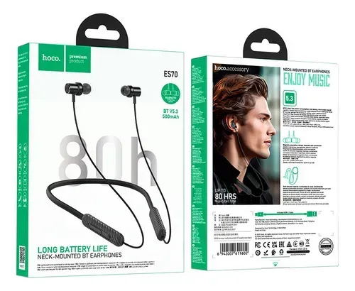 Auriculares con banda para el cuello en caja de color negro, con un hombre usando uno en un paquete verde y blanco, mostrando las características.