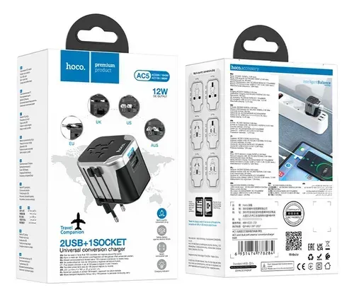 Un adaptador de viaje en caja con múltiples tipos de enchufes y puertos USB.