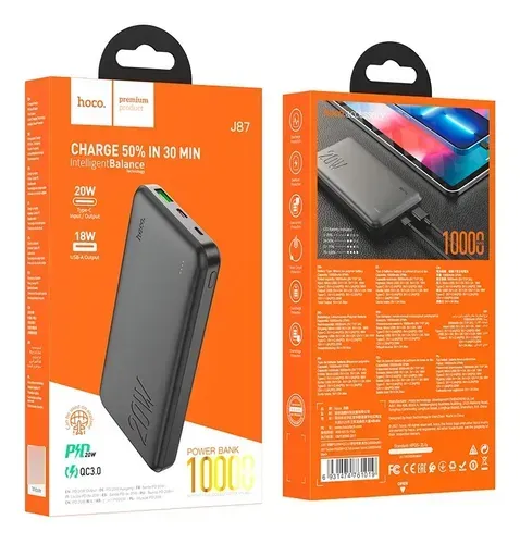 Caja para banco de energía de 10000 mAh de color negro con información de carga sobre un fondo naranja.