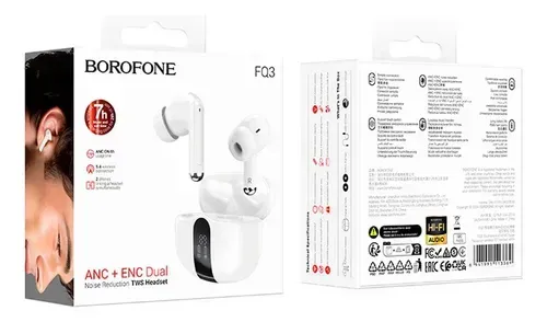 Auriculares Borofone FC3 blancos y embalaje del estuche de carga con las especificaciones enumeradas.
