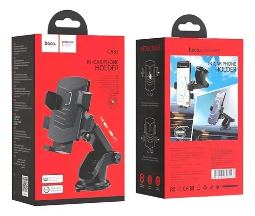 Soporte para teléfono de coche en su embalaje, caja negra y roja con expositor de producto.