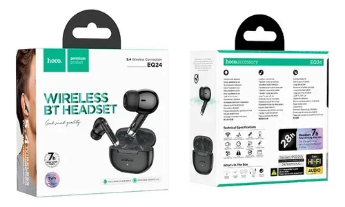 Caja de auriculares inalámbricos: auriculares negros y estuche de carga, información y especificaciones del producto sobre un fondo blanco.