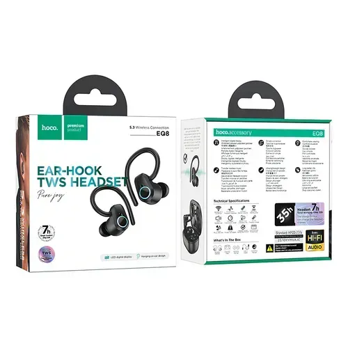 Auriculares TWS negros con gancho para la oreja en caja. La parte frontal muestra los auriculares y la parte posterior, las especificaciones.