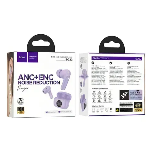 Auriculares inalámbricos de color morado en caja con funciones de reducción de ruido ANC+ENC.