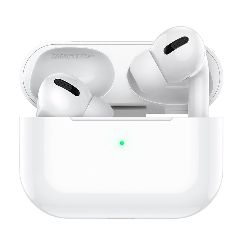 Caja blanca, vistas frontal y posterior, de los AirPods Pro. Se ven los AirPods y el estuche de carga.