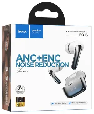 Caja de auriculares Hoco EQ16: diseño en blanco, azul y negro, que muestra los auriculares y el estuche, cuenta con reducción de ruido ANC + ENC.