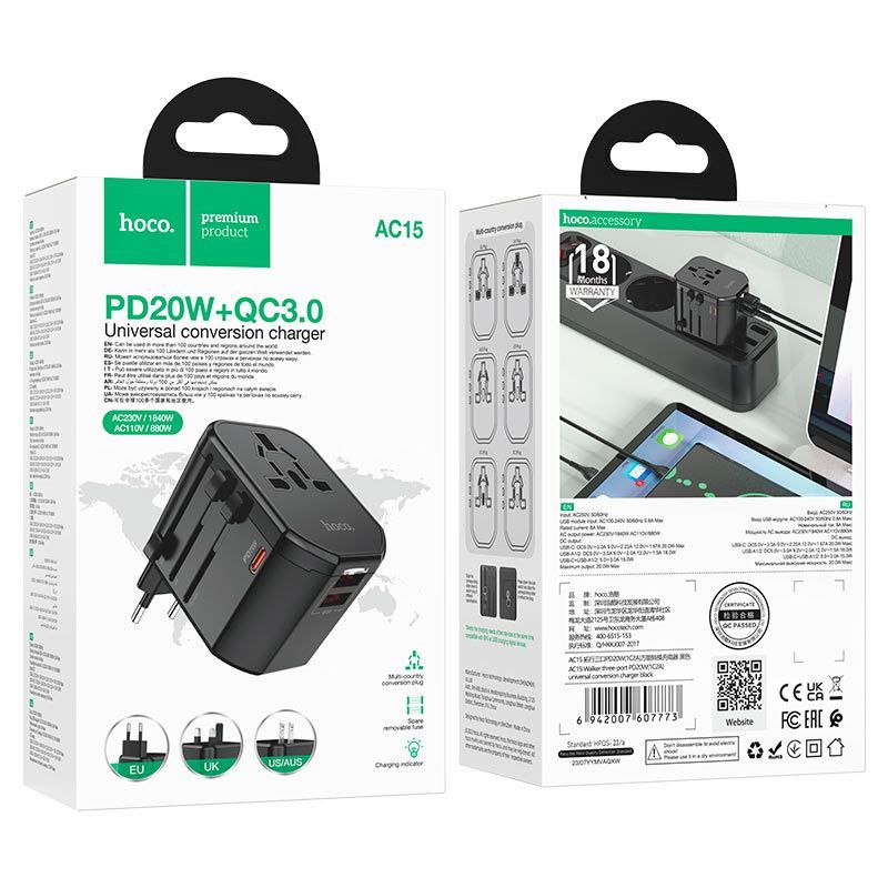 Cargador de conversión universal en caja, color negro con varios adaptadores de enchufe, incluye puertos de carga.